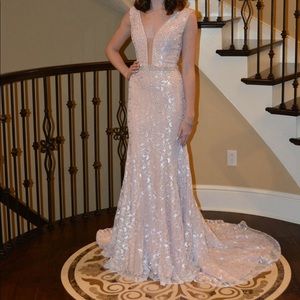 JOVANI blush lace dress